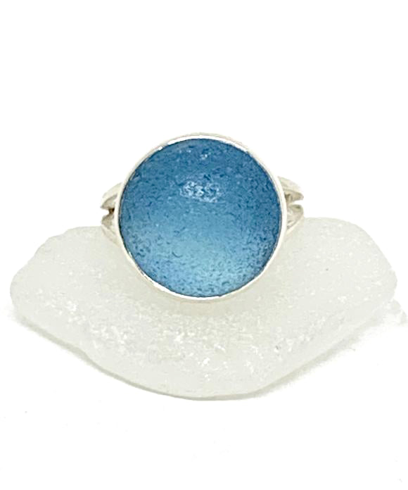 Aqua Blue Sea Glass Marble Ring - Size 5.5