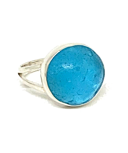 Bright Aqua Sea Glass Marble Ring - Size 7