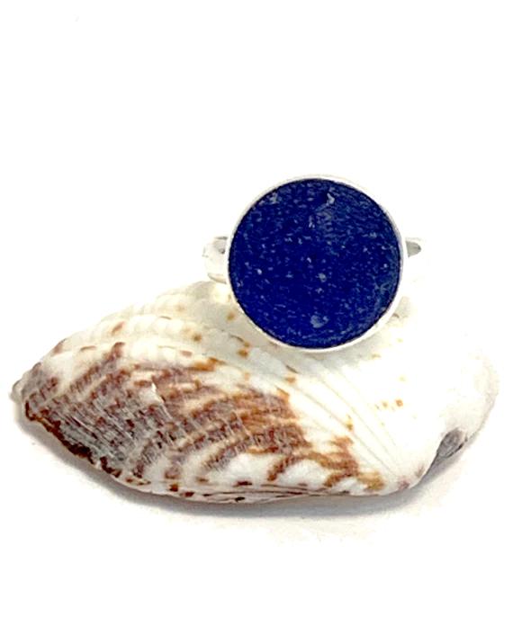 Dark Cobalt Sea Glass Marble Ring - Size 5