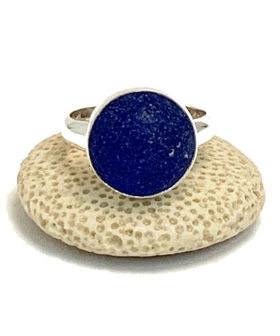 Dark Cobalt Sea Glass Marble Ring - Size 6.5