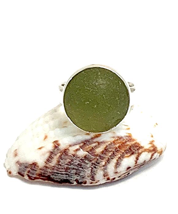 Soft Olive Green Sea Glass Marble Ring - Size 4