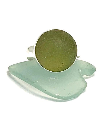 Light Olive Sea Glass Marble Ring - Size 6