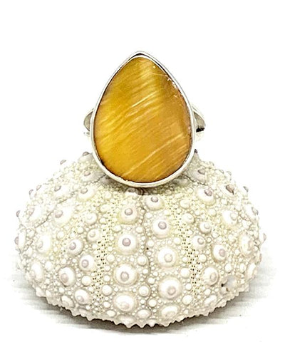 Tear Drop Amber Colored Mother of Pearl Ring - Size 6