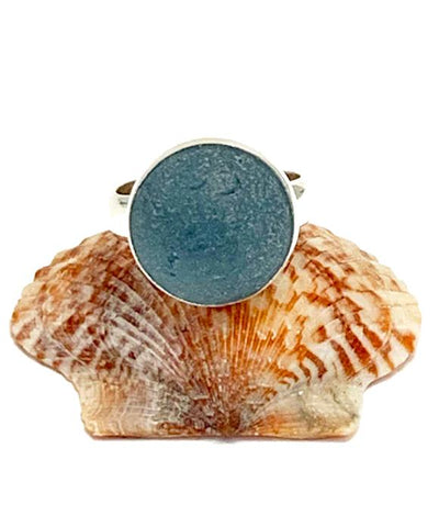 Steel Blue Sea Glass Marble Ring - Size 6.5
