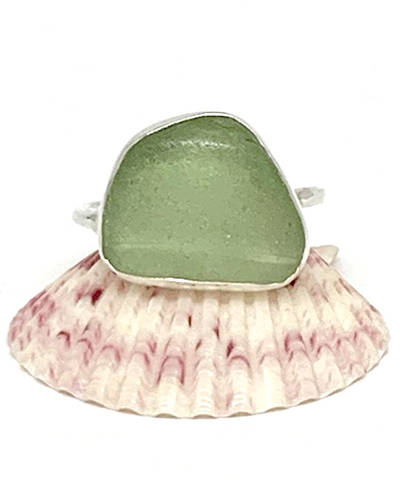 Textured Chunky Light Olive Green Sea Glass Ring - Size 7