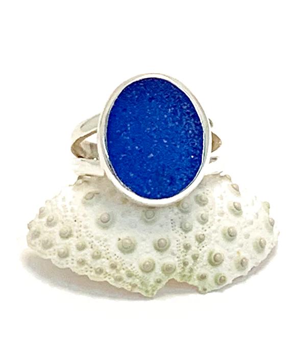 Oval Blue Sea Glass Split Band Ring - Size 5