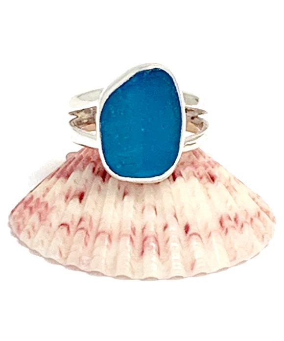 Dark Turquoise Textured Sea Glass Split Band Ring - Size 5