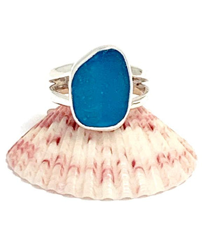 Dark Turquoise Textured Sea Glass Split Band Ring - Size 5