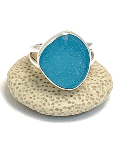 Light Aqua Blue Sea Glass Split Band Ring - Size 6.5
