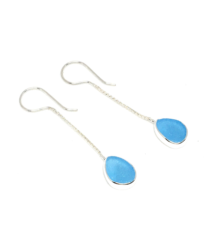 Dark Aqua Sea Glass Chain Earrings