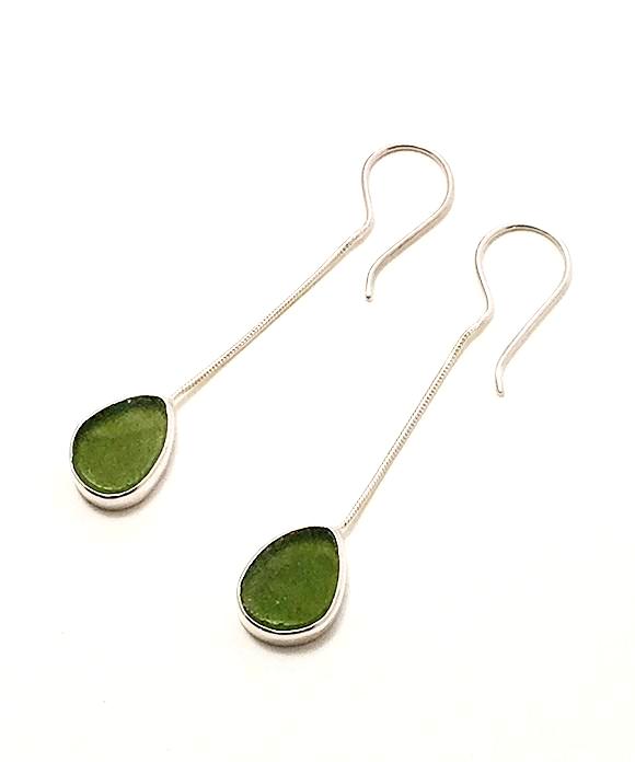 Dark Olive Green Sea Glass Chain Earrings