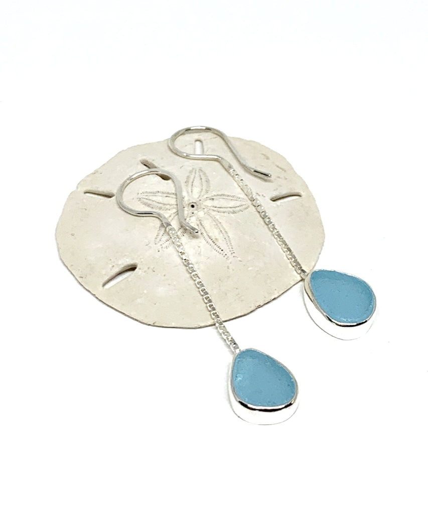 Bright Aqua Sea Glass Chain Earrings