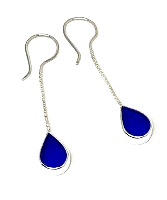 Cobalt Blue Stained Glass Teardrop Chain Earrings