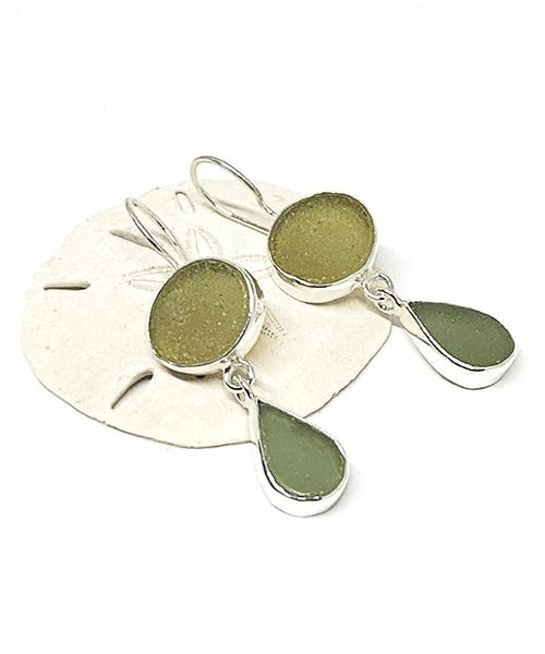 Khaki Green and Dark Olive Green Sea Glass Double Drop Earrings