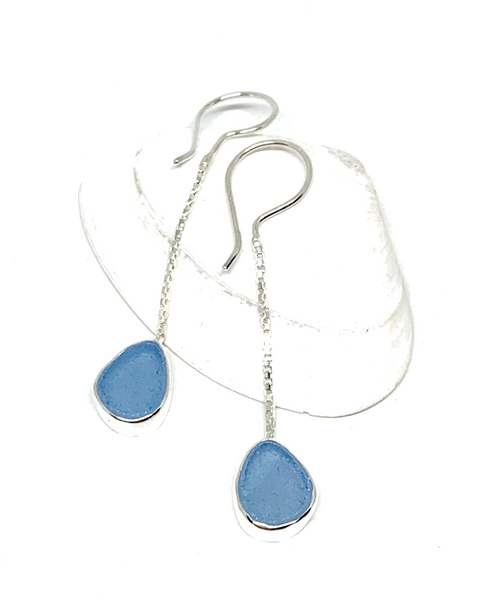 Dark Aqua Sea Glass Chain Earrings