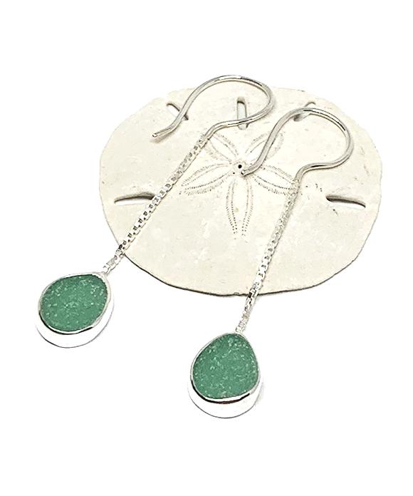 Dark Aqua Green Sea Glass Chain Earrings