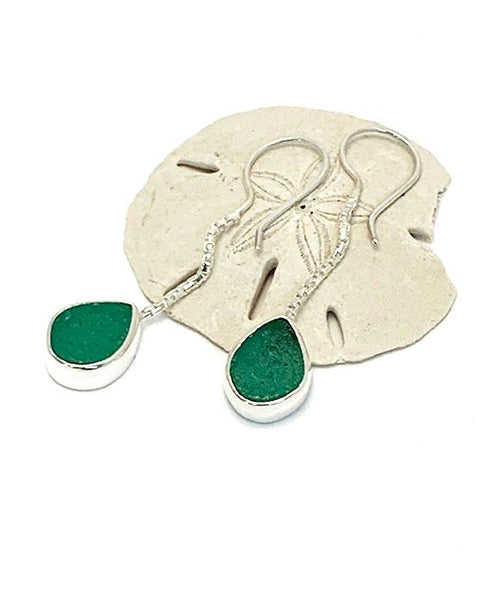 Dark Turquoise Green Sea Glass Chain Earrings