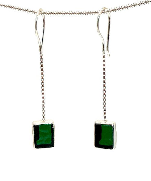 Dark Green Stained Glass Rectangle Chain Earrings