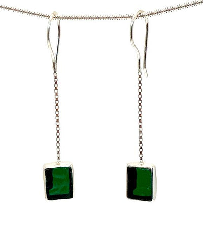 Dark Green Stained Glass Rectangle Chain Earrings