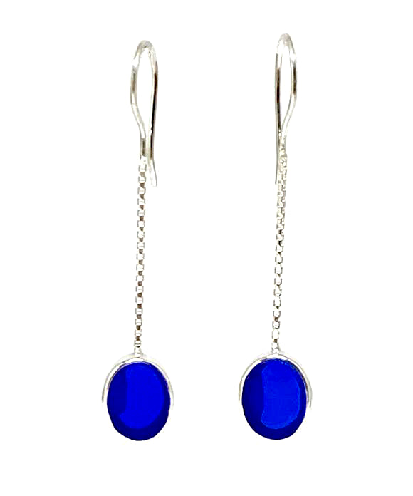 Cobalt Blue Stained Glass Oval Shaped Chain Earrings