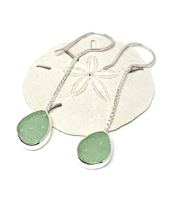Textured Light Green Sea Glass Chain Earrings