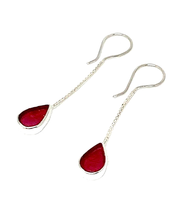 Raspberry Red Clear Stained Glass Tear Drop Chain Earrings