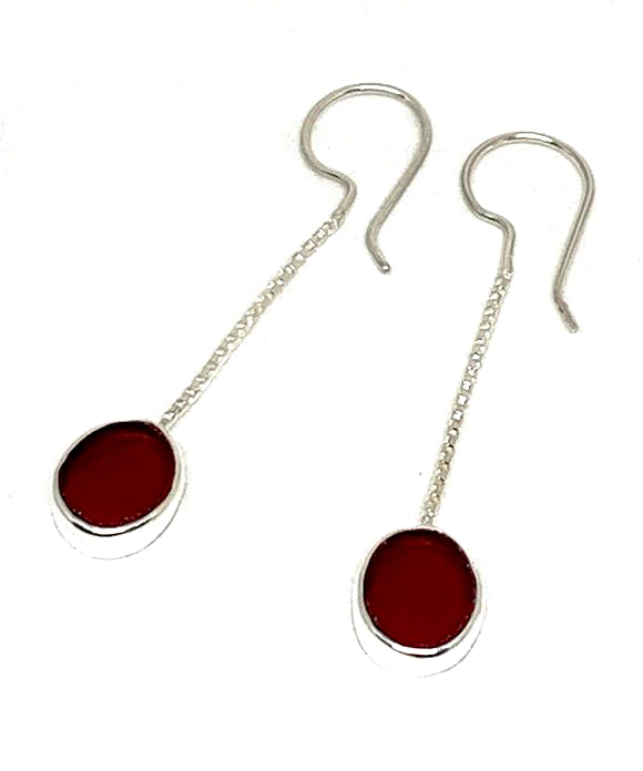 Dark Red Clear Stained Glass Oval Chain Earrings