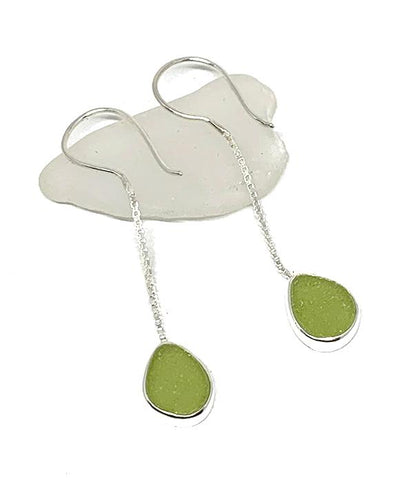 Bright Sage Green Sea Glass Chain Earrings