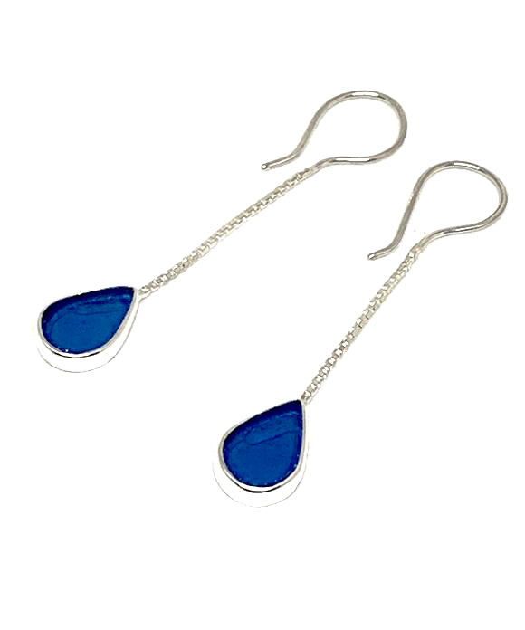 Dark Turquoise Clear Stained Glass Teardrop Chain Earrings
