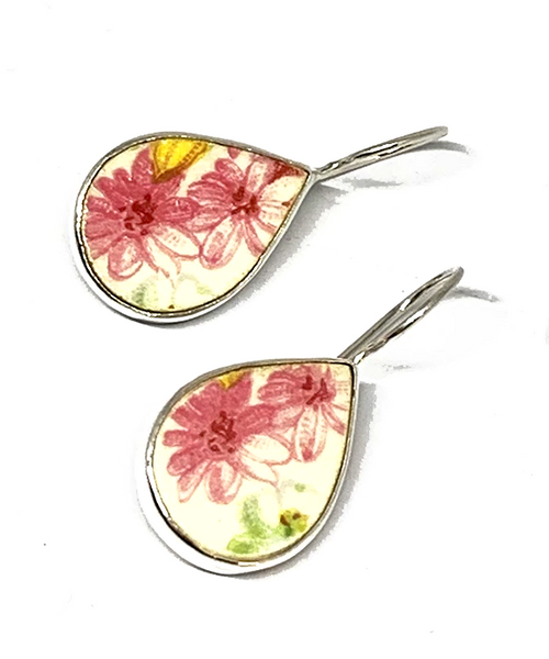 Two Pink Flowers Teardrop Vintage Pottery Single Drop Earrings