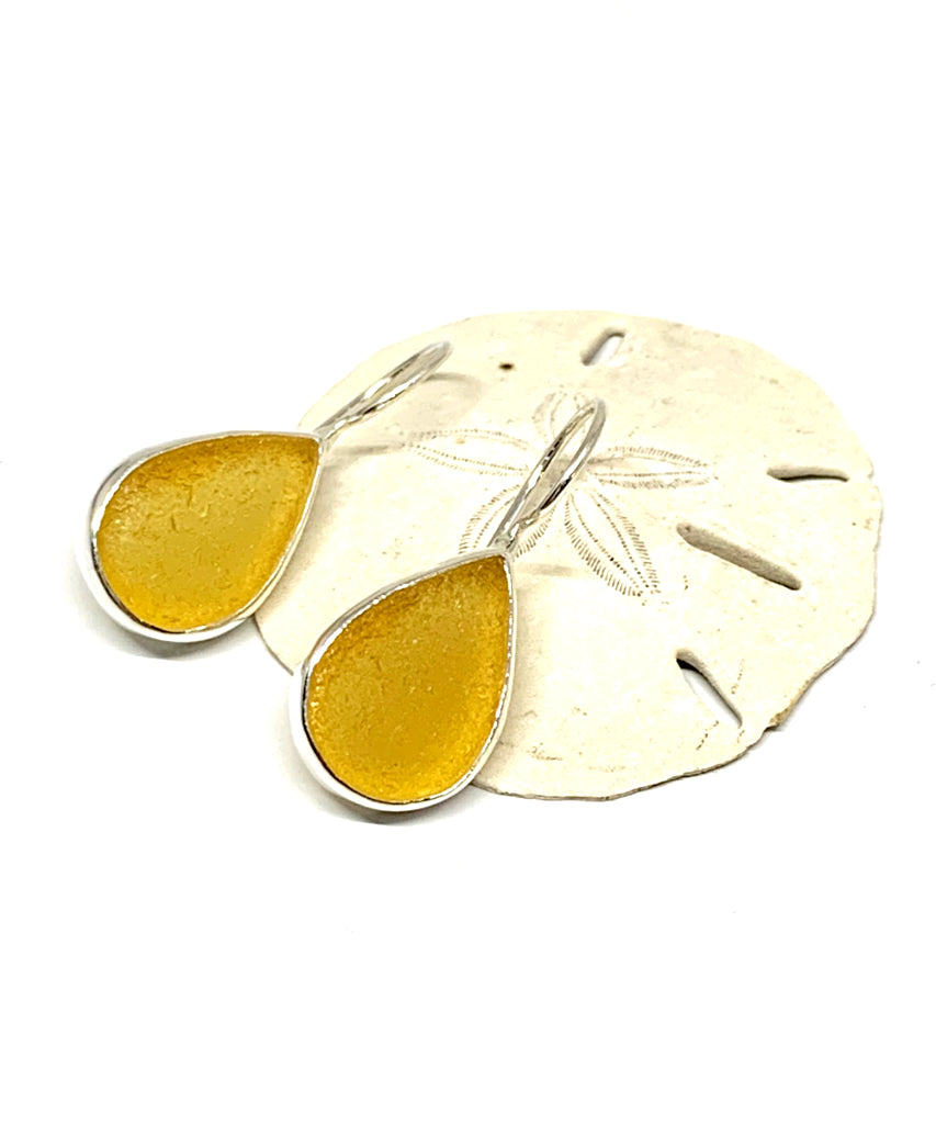 Amber Sea Glass Teardrop Shape Single Earrings