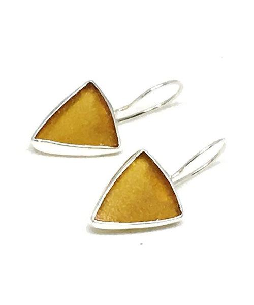 Dark Amber Triangle Sea Glass Single Drop Earrings