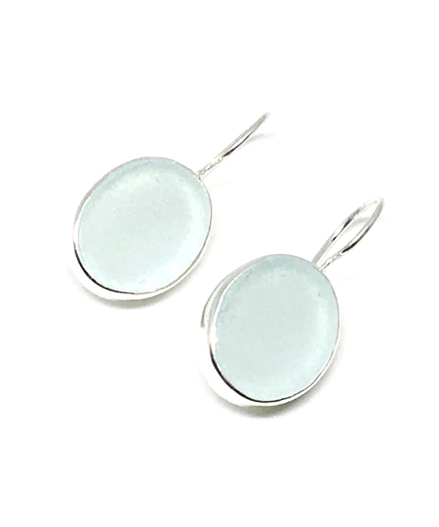 Palest Blue Oval Sea Glass Single Drop Earrings