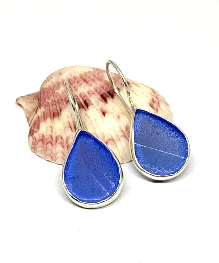 Blue Sea Glass Tear Drop Shape Single Earrings