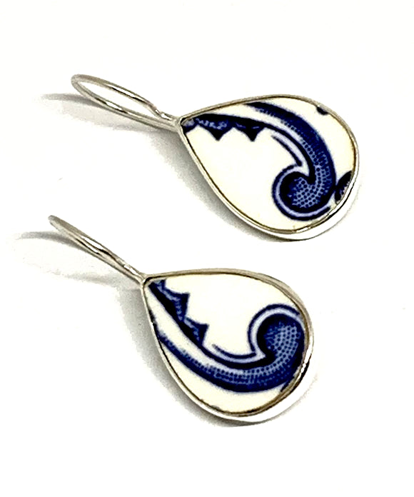 Blue & White Teardrop Vintage Pottery Single Drop Earrings