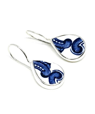 Blue and White Swirl Teardrop Vintage Pottery Single Drop Earrings