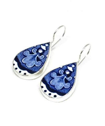 Big Blue & White Patterned Vintage Pottery Single Drop Earrings