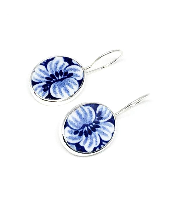 Blue and White Flowers Vintage Pottery Single Drop Earrings