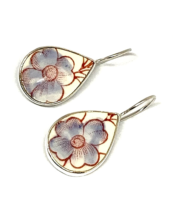 Red & White with Blue Flower Vintage Pottery Single Drop Earrings