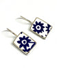 Blue & White Flower Rectangle Shape Vintage Pottery Single Drop Earrings