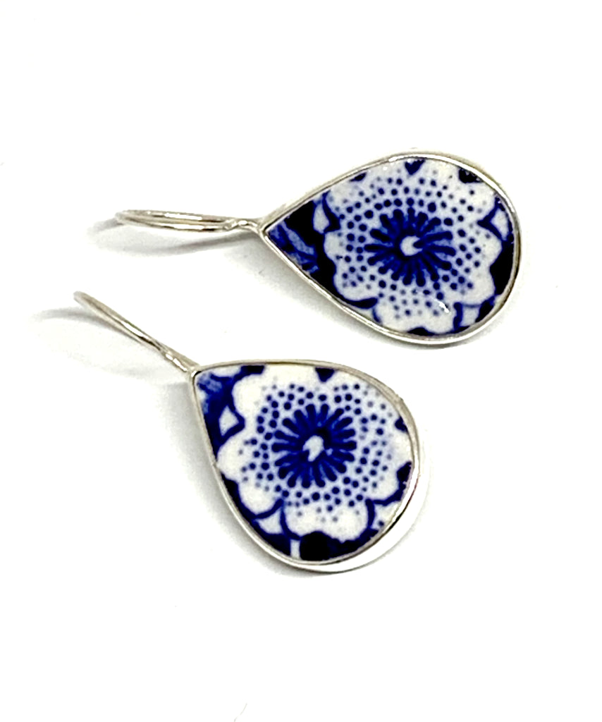 Blue & White Flower Teardrop Shape Vintage Pottery Single Drop Earrings