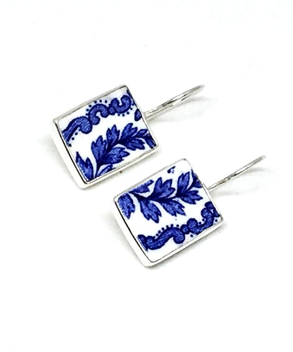 Blue & White Leaf Garland Vintage Pottery Single Drop Earrings