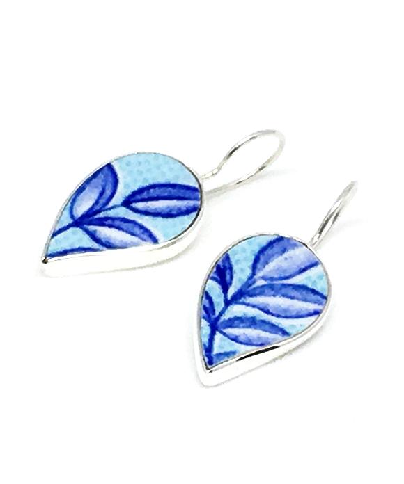 Blue and Aqua Leaf Vintage Pottery Single Drop Earrings
