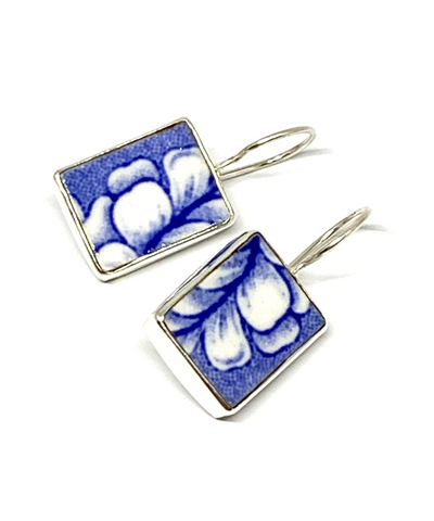 Blue & White Petal Patterned Vintage Pottery Single Drop Earrings
