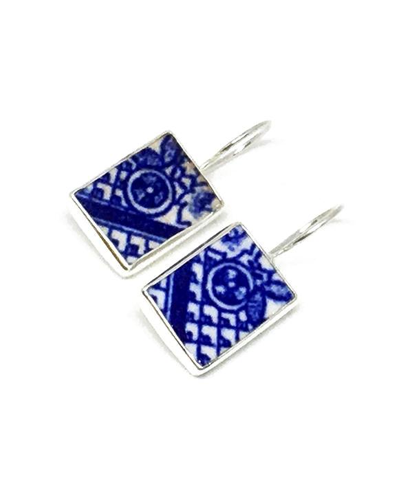 Blue & White Geometric Vintage Pottery Single Drop Earrings