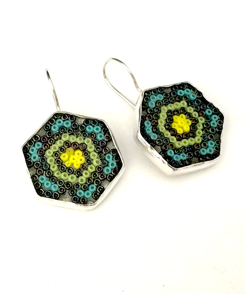 Black, Aqua, Green & Yellow Fused Seed Bead Earrings