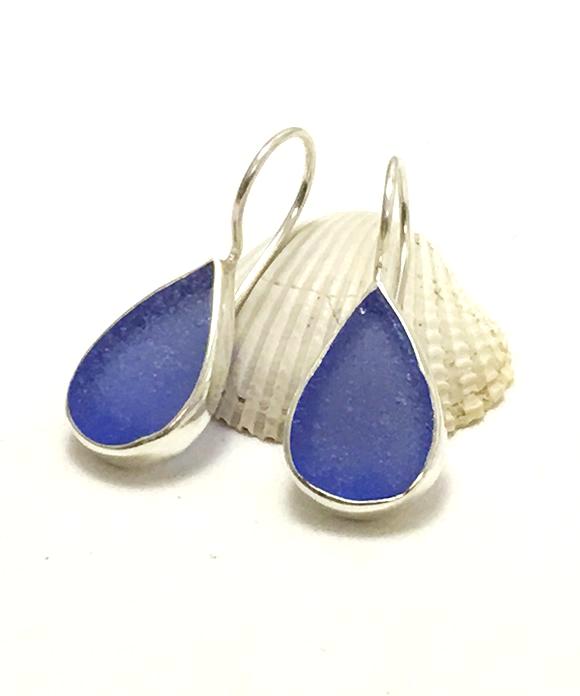 Cobalt Teardrop Sea Glass Single Drop Earrings