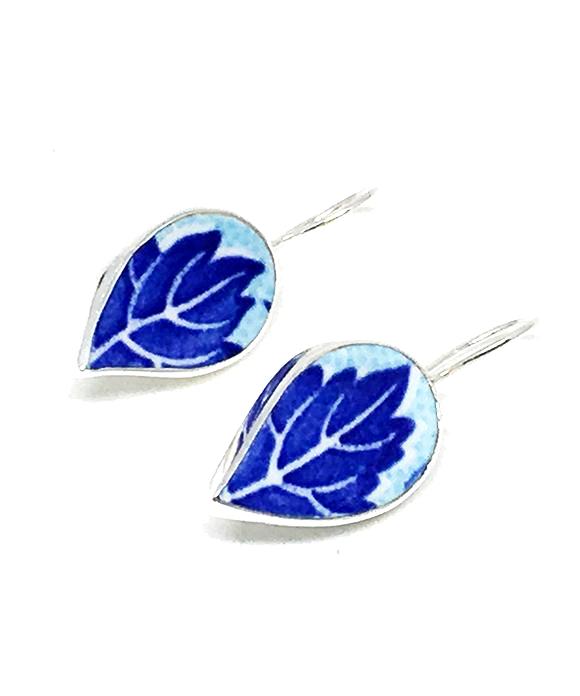 Blue and Aqua Big Leaf Vintage Pottery Single Drop Earrings