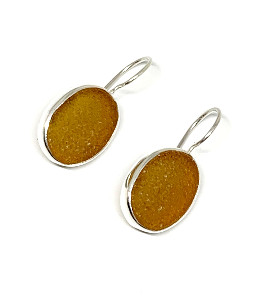 Rich Amber Brown Sea Glass Oval Shape Single Earrings