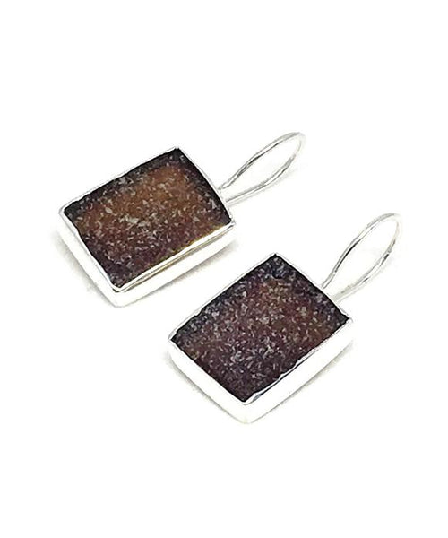 Dark Brown Rectangle Sea Glass Single Drop Earrings